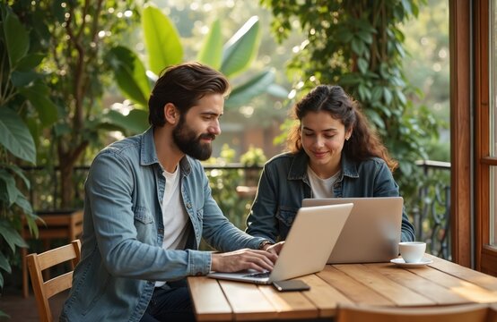 Young man and woman work on laptops at cafe terrace with green plants. People collaborate on project, share ideas, enjoy sunny day outdoors. Remote work, freelance, teamwork.