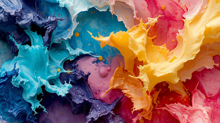 Vibrant abstract mixture of swirling colorful paints with rich textures, glossy liquid patterns, and dynamic flowing forms, creating an expressive artistic composition full of motion