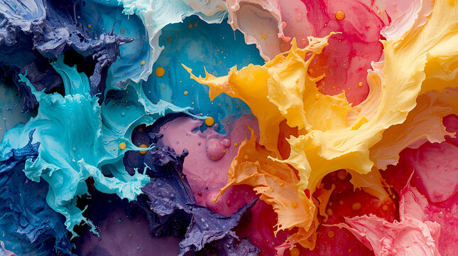 Vibrant abstract mixture of swirling colorful paints with rich textures, glossy liquid patterns, and dynamic flowing forms, creating an expressive artistic composition full of motion