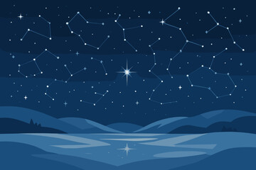 Naklejka premium Sky night twinkling vector hills constellations soft landscape dreamy creating starry reflecting