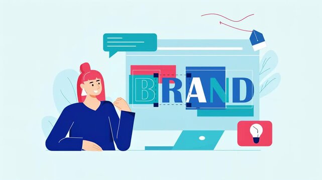A digital illustration of a woman working on branding concepts, focusing on design elements and creativity.