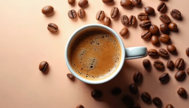 Hot cup of coffee with thick crema sits on beige surface surrounded by whole roasted beans. Freshly brewed espresso beverage with aromatic steam rising, perfect morning start.