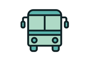 Public transportation bus viewed from the front, depicted with thick outlines and a modern teal color palette