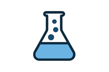 Laboratory conical flask icon with blue liquid and bubbles for chemical research
