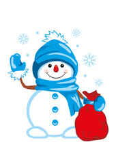 Waving snowman with a bag of gifts