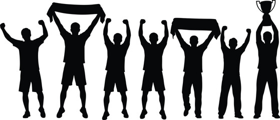 Group of excited sports fans cheering with raised arms celebrating victory holding banners and trophy silhouette illustration, joyful crowd design