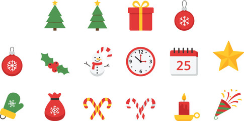 Christmas holiday icon set with festive decorations, gifts, snowman, stars, ornaments, candy canes, candles and winter celebration elements, vector illustration