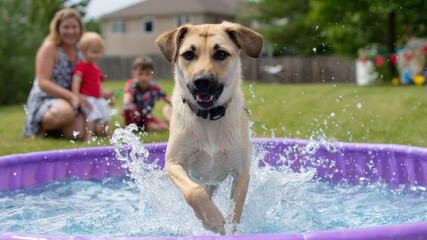 Happy dog splashing in a colorful kiddie pool during a sunny day, with children and an adult enjoying the summer atmosphere in the background, showcasing playful moments