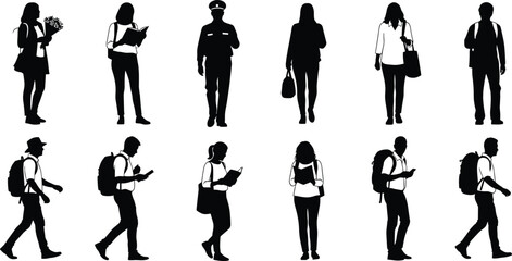 Silhouette collection of people walking, reading, commuting and traveling with bags and backpacks, modern lifestyle vector illustration set for design