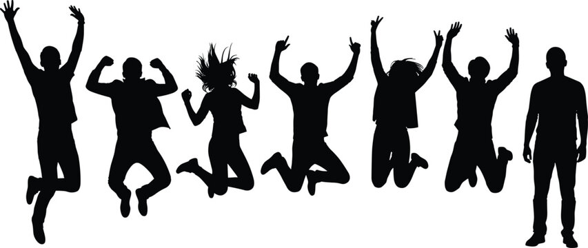 Silhouette group of happy jumping people celebrating success and joy together, energetic crowd in motion, black isolated figures on white background