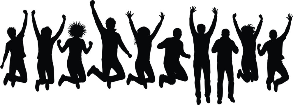 Silhouette group of happy people jumping in celebration, energetic crowd expressing joy and excitement, active lifestyle youth illustration design, black
