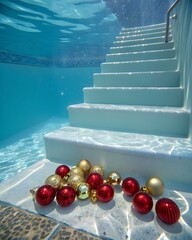 Underwater Christmas Ornaments on Pool Steps