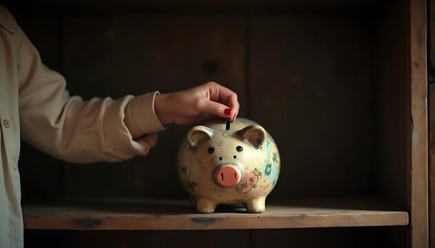 A coin is inserted into a piggy bank, illustrating the concept of saving money and financial responsibility