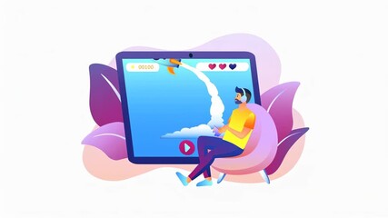 A man sitting on a couch playing a video game that features a rocket launch, with colorful graphics.