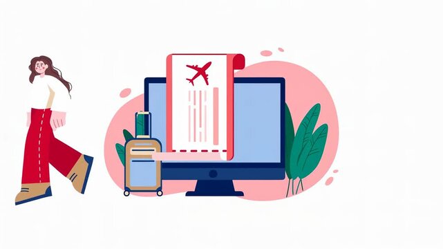A digital illustration of a traveler planning a flight, featuring a computer, suitcase, and a flight ticket.