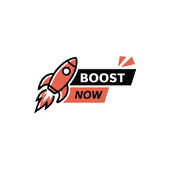 Illustration of a rocket ship with boost now text in black and orange on a white background