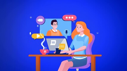 A woman working on a laptop with video call icons, depicting remote communication and digital interaction. - Powered by Adobe