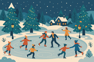 Festival decorated vector skating rink winter lanterns illustration distant park lights scene