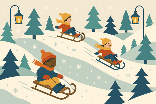 Lanterns delight children trees vector winter illustration pine scene minimalist sledding - Powered by Adobe