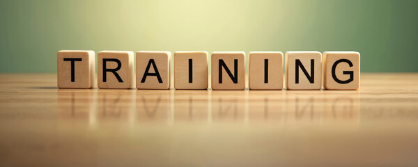 Wooden blocks spell out the word training on a polished wooden surface. The background is a soft green gradient. Concept for learning and development.