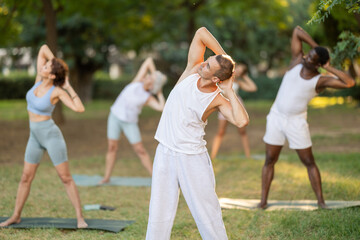 Fitness, sport and healthy lifestyle concept: group of multinational people doing yoga yoga pose - vrikshasana pose on mat in summer park