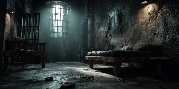 Old scary dark jail. A dim, empty prison cell with a lone cot exudes desolation, decay, and haunting solitude. The image conveys isolation, history, and chilling atmosphere.