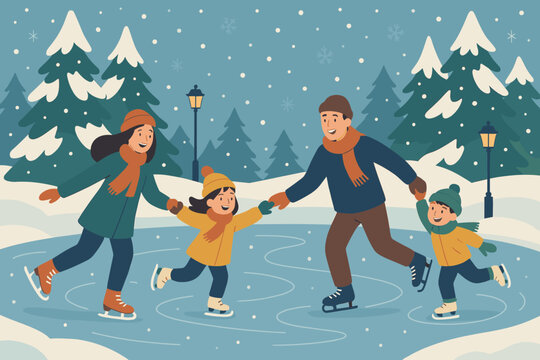 Vector falling joyful winter captured frozen glow activity ice family soft illustration