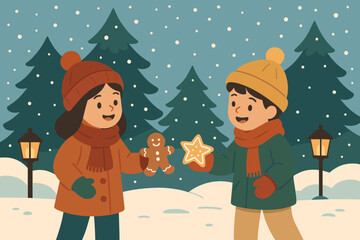 Fototapeta premium Festive lanterns vector softly exchange cookies moment joyful trees illustration pine cookie