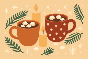Snowflakes flat delight illustration pine cozy cocoa marshmallows holiday composition vector candles