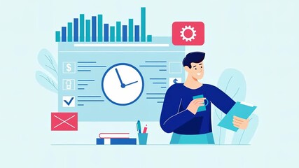 A businessman analyzing data and making notes in a modern office with charts and a clock in the background. - Powered by Adobe