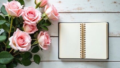 Soft pink roses lay beside open notebook on distressed white wooden surface. This scene is perfect for notes, invitations, or romantic messages. Lovely backdrop for any proposal or special occasion.