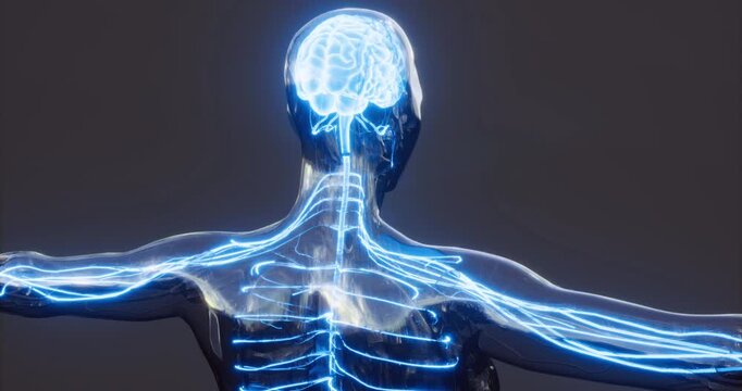 This visual displays brain anatomy, focusing on neural pathways and connections within the human body, showcasing the intricate design of the nervous system in a dynamic view.