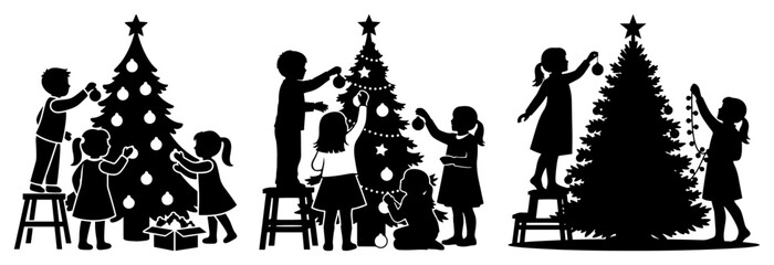 Children decorating Christmas tree vector silhouettes showing kids hanging ornaments and lights on fir tree in happy family holiday scene