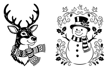 Cute Christmas characters vector showing reindeer head with scarf and smiling snowman in floral frame for holiday decoration
