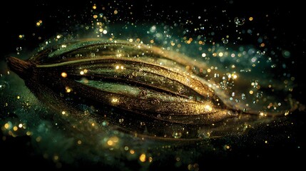 Abstract close-up of a glowing seed pod with sparkling light effects on a dark background.
