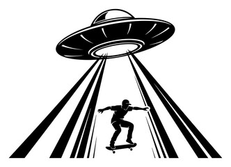 Black and white vector illustration of a UFO spaceship beaming up a skateboarder silhouette performing a trick © Logan