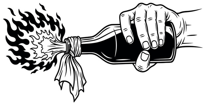 Hand holding a molotov cocktail with flames vector illustration
