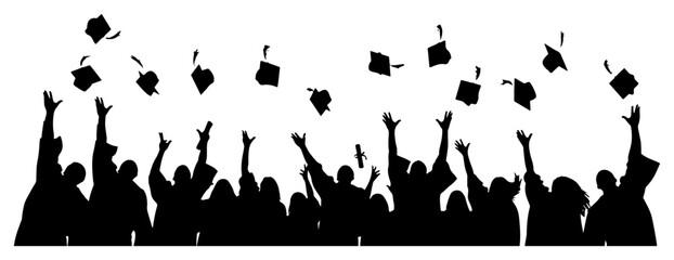 Graduates silhouette vector showing students throwing mortarboard caps in the air during commencement ceremony celebration