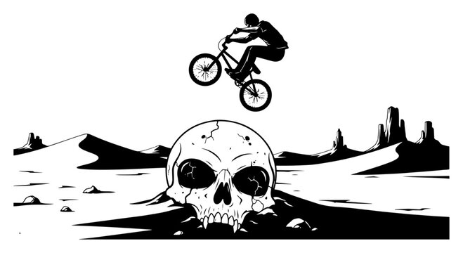 BMX biker jumping over giant skull vector illustration showing extreme bicycle stunt in desert landscape background