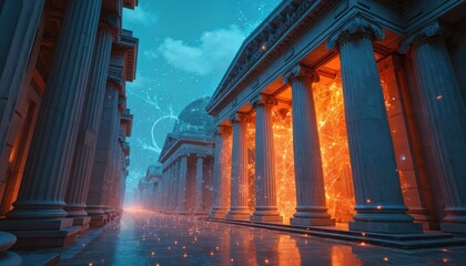 Historic bank building with classic columns, modern glowing neural network inside. Ancient architecture with futuristic tech. Orange glowing lines, sparks inside old institution. Classic style, new