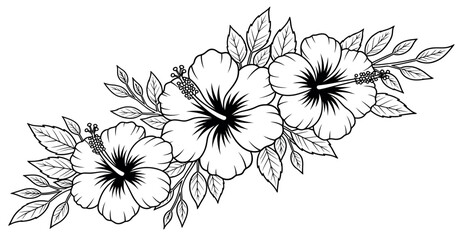 Elegant hibiscus flower arrangement black and white line art