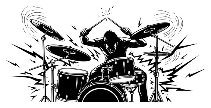 Energetic rock drummer playing drum kit silhouette with lightning sparks and dynamic motion lines black and white music vector illustration