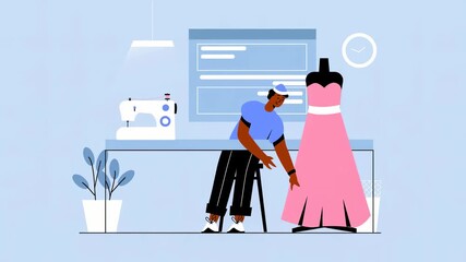 A designer showcases a pink dress while sitting in a sewing studio with a sewing machine and a decorative plant.