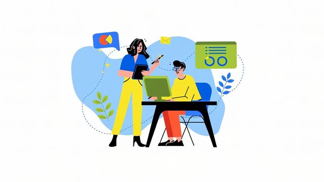 A woman assists a man working at a computer in a modern office setting with colorful graphics and icons.