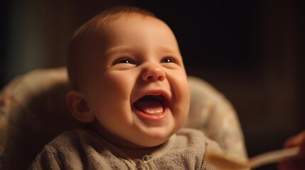 Adorable baby laughing with pure joy and happiness, close-up portrait.