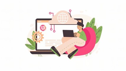 A person sitting on a bean bag working on a laptop with gears and a globe illustration in the background. - Powered by Adobe