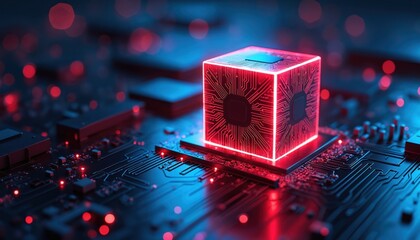Illustration presents glowing neon cube atop circuit board. Futuristic tech art artificial intelligence network. Digital design innovative concepts. Vibrant image signifies cyber connections.
