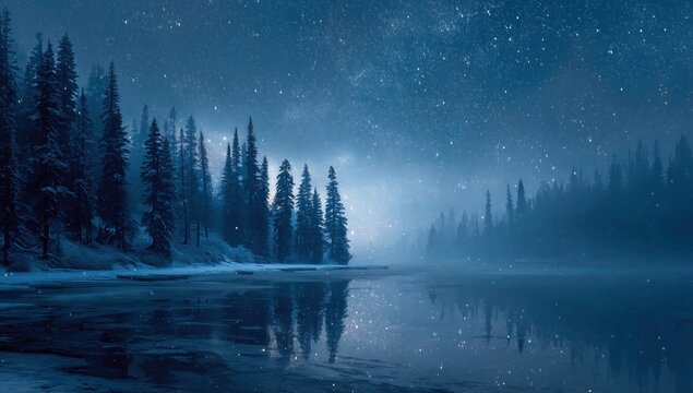 dark blue sky with stars, a foggy forest in the background, snow falling on a frozen lake at night Generative AI