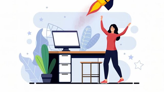 A woman celebrating with joy as a rocket launches above her desk in a colorful workspace.
