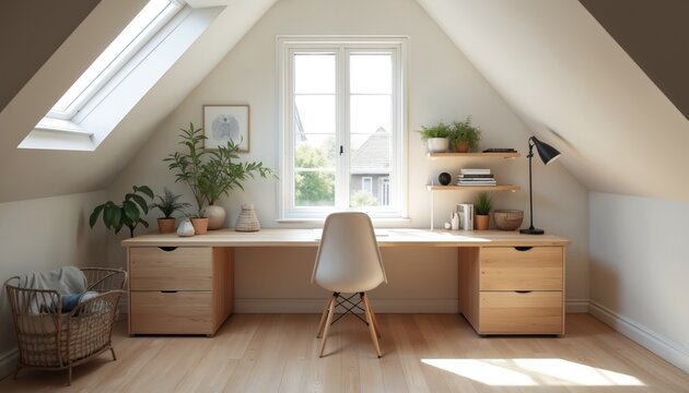 Attic room converted to bright home office. Minimalist desk with plants near window and skylight. Wooden furniture and floor create cozy atmosphere for remote work. - Powered by Adobe